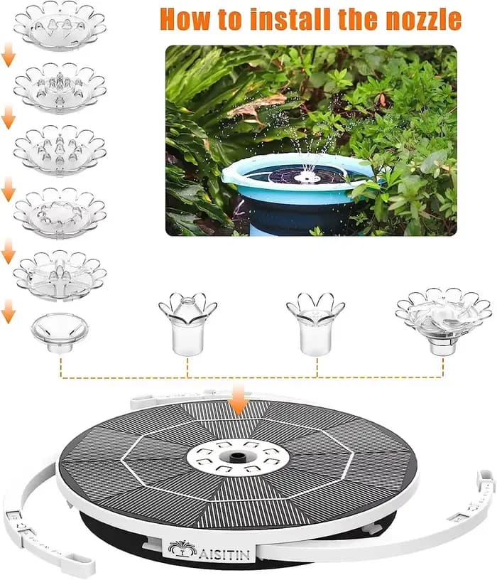 Pompe de fontaine solaire LED 3,5 W avec lumière colorée LED et batterie 1500 mah, 3 supports rétrac