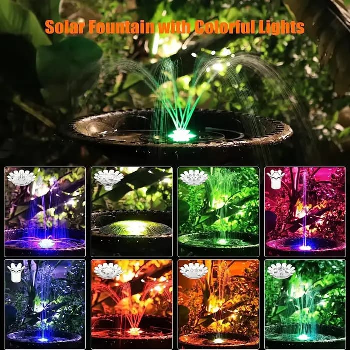 Pompe de fontaine solaire LED 3,5 W avec lumière colorée LED et batterie 1500 mah, 3 supports rétrac
