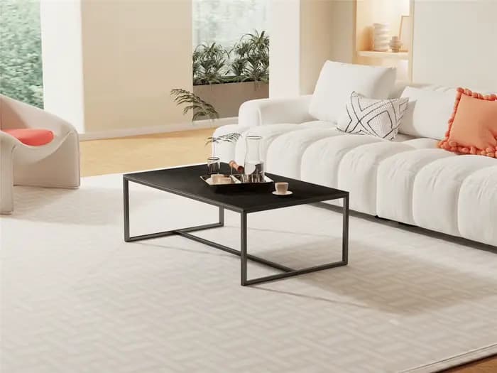 Table basse en pierre frittée avec cadre en métal noir, table centrale de canapé gris, décoration de