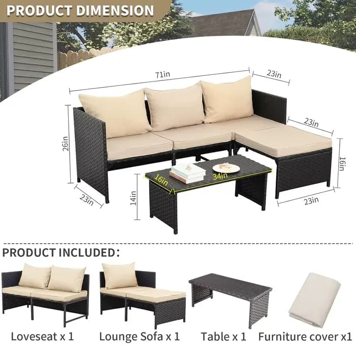 Ensemble de mobilier d'extérieur 3 pièces en rotin PE, canapé d'angle de conversation en osier noir