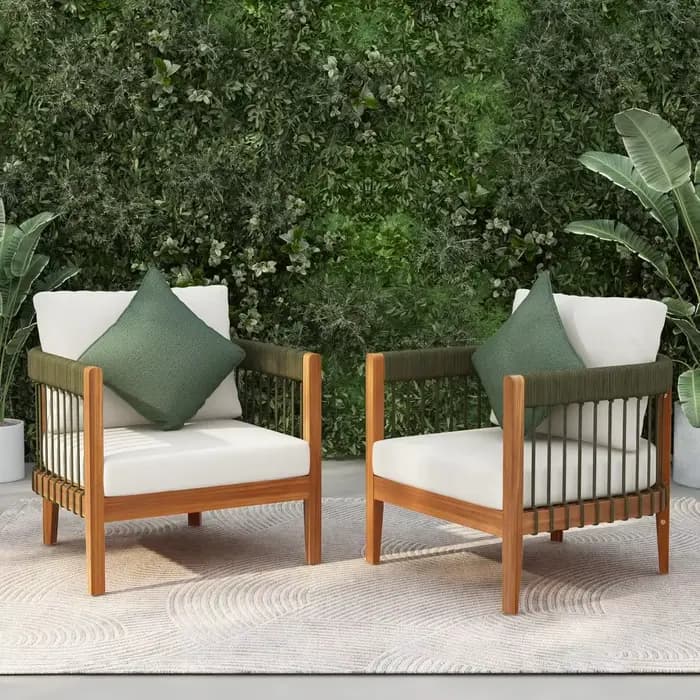 Vinny Lot de 2 chaises d'appoint d'extérieur, chaise club en bois d'acacia, fauteuil en corde tissée