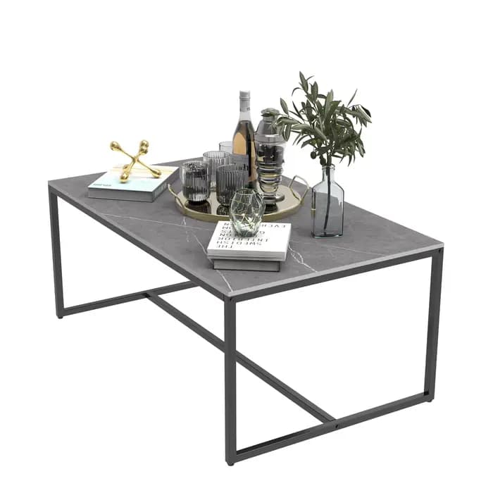 Table basse en pierre frittée avec cadre en métal noir, table centrale de canapé gris, décoration de