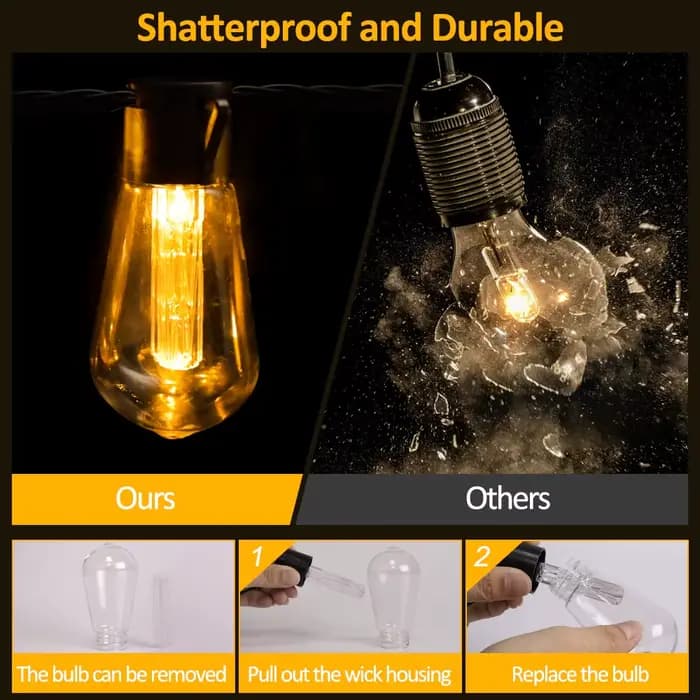 Guirlande solaire haute luminosité, 20 pieds (8M), 20 ampoules incassables, étanche S14 LED, guirlan