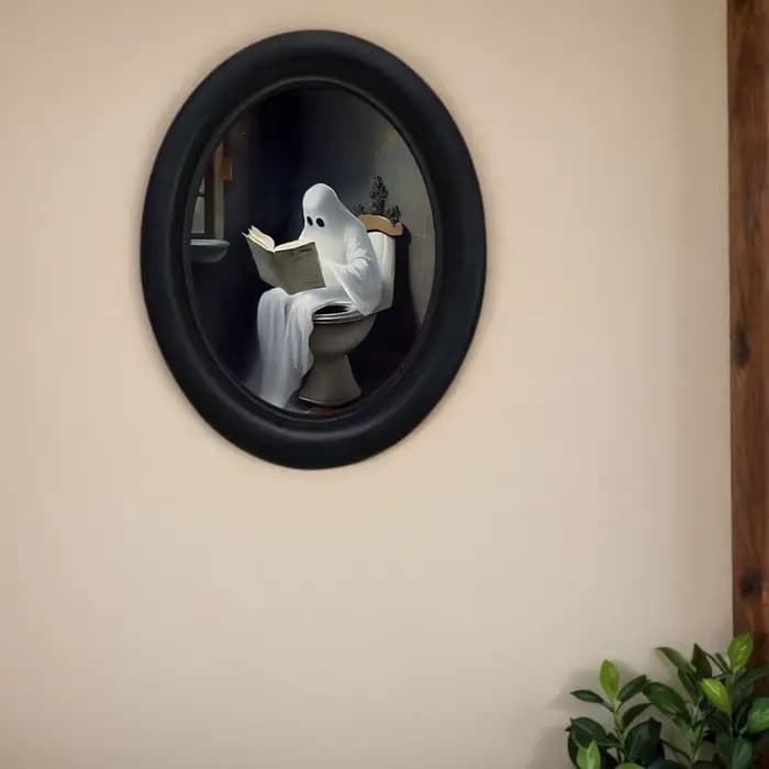1 morceau de rétro Halloween petit fantôme assis sur la toilette lecture murale décorative - Art mural ovale en bois fait à la main (525 * 4,16 pouces), décoration ovale, Halloween, Noël, Thanksgiving