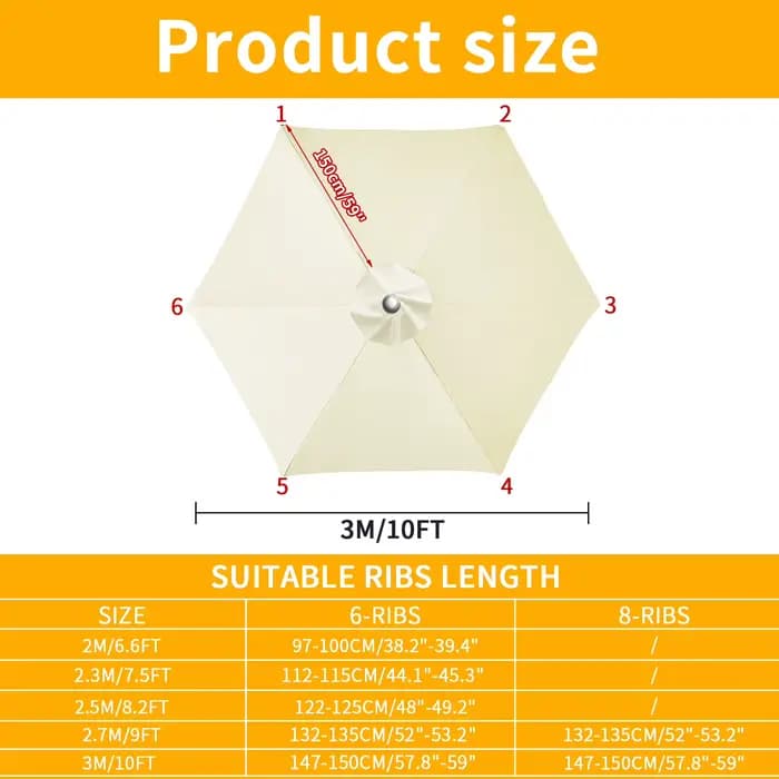 Housse de rechange pour parasol de jardin et terrasse, 2/2.3/2.5/2.7/3m, imperméable, pare-soleil, 6 ou 8 baleines