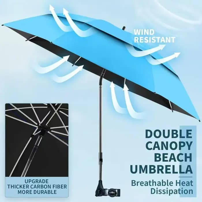 Parasol de plage double couche respirant et durable de 23 pouces avec fixation à 360° °