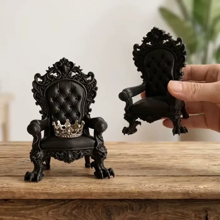 Mini chaise de présentation de style trône gothique imprimée en 3D, vintage, avec figurine sculptée en relief, pieds à griffes et dossier imitation coussin
