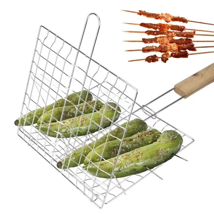 Barbecue grillé réutilisable viande poisson pince support manche en bois acier inoxydable gril maille pliable BBQ Grill