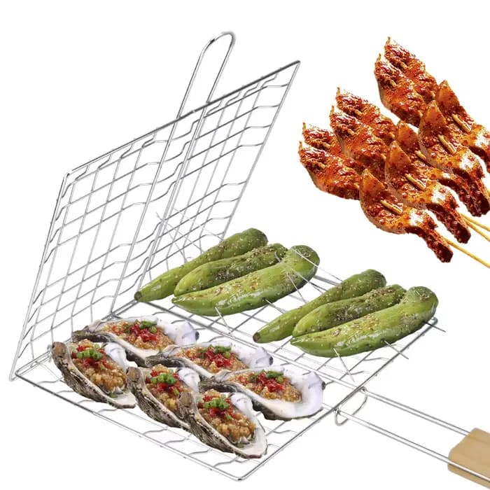 Barbecue grillé réutilisable viande poisson pince support manche en bois acier inoxydable gril maille pliable BBQ Grill