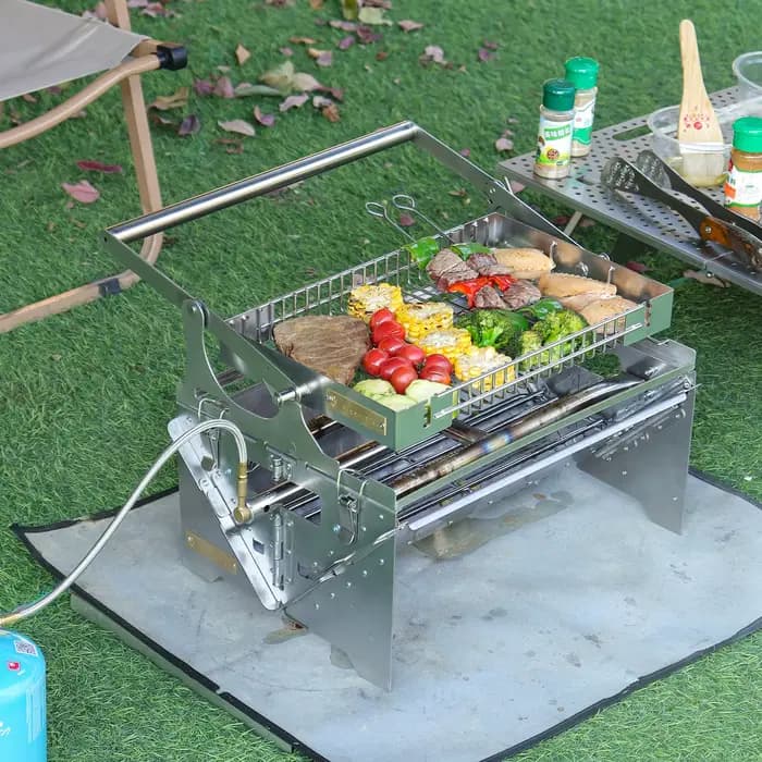 Barbecue à gaz portable, 360 ° Barbecue rotatif au charbon de bois, barbecue de camping en acier inoxydable avec sac de transport