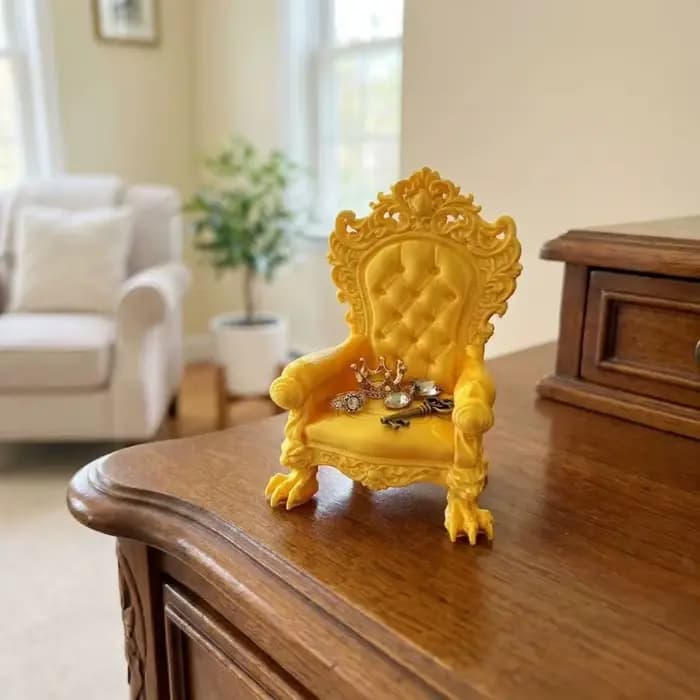 Mini chaise de présentation de style trône gothique imprimée en 3D, vintage, avec figurine sculptée en relief, pieds à griffes et dossier imitation coussin