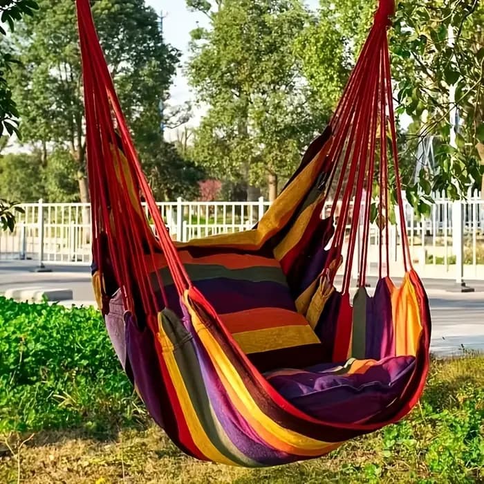 Fauteuil hamac suspendu confortable et portable 2-en-1 en tissu rayé durable – Indispensable pour le camping, le jardin et la détente