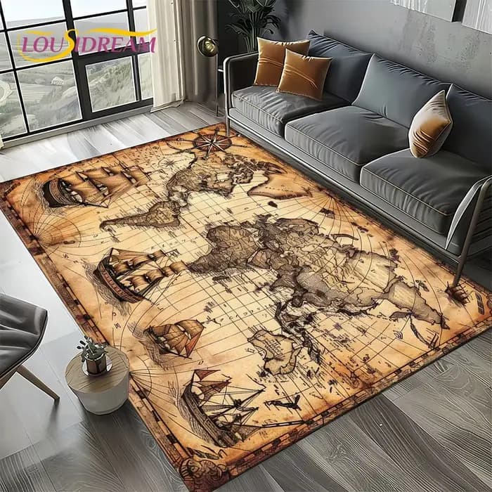 Tapis de sol antidérapant 2025, motif carte nautique rétro antique, boussole, pour salon, chambre, décoration de canapé