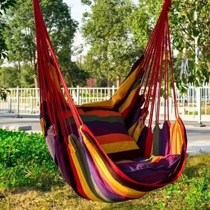 Fauteuil hamac confortable pour dortoir, chaise suspendue de jardin à rayures colorées et épaisses avec sac de rangement, siège de balançoire de jardin en corde de coton