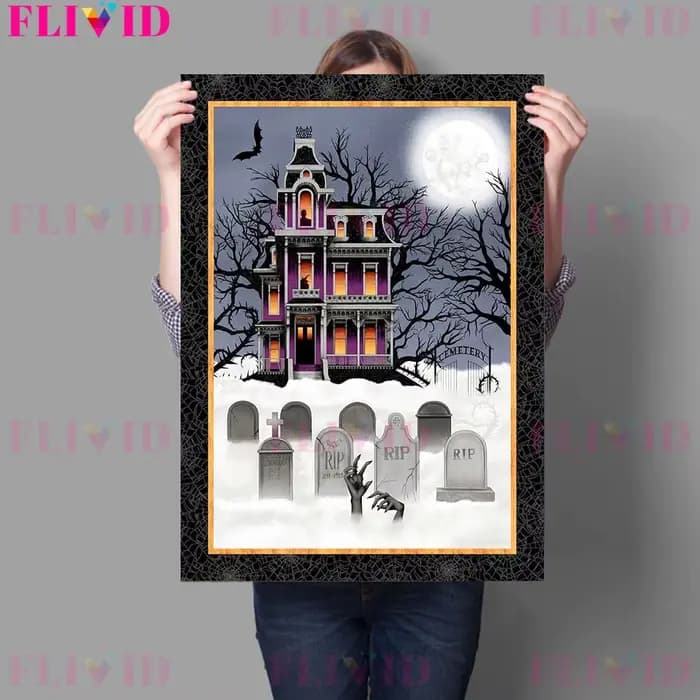 Spoooky – affiche d'art de maison hantée de nuit d'halloween, peinture sur toile murale Vintage imprimée de sorcière volante pour décor de salon