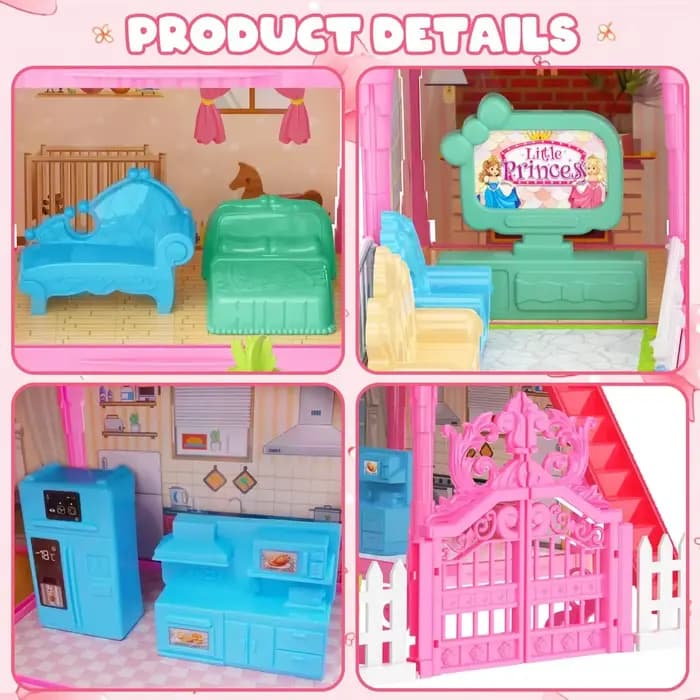 Maison de poupée lumineuse, maison de rêve pour filles, ensemble de maison de jeu de princesse avec accessoires de meubles de poupées, cadeaux d'anniversaire de jeu de simulation