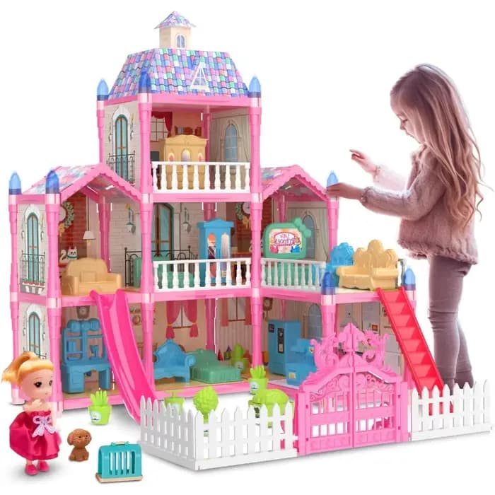 Maison de poupée lumineuse, maison de rêve pour filles, ensemble de maison de jeu de princesse avec accessoires de meubles de poupées, cadeaux d'anniversaire de jeu de simulation