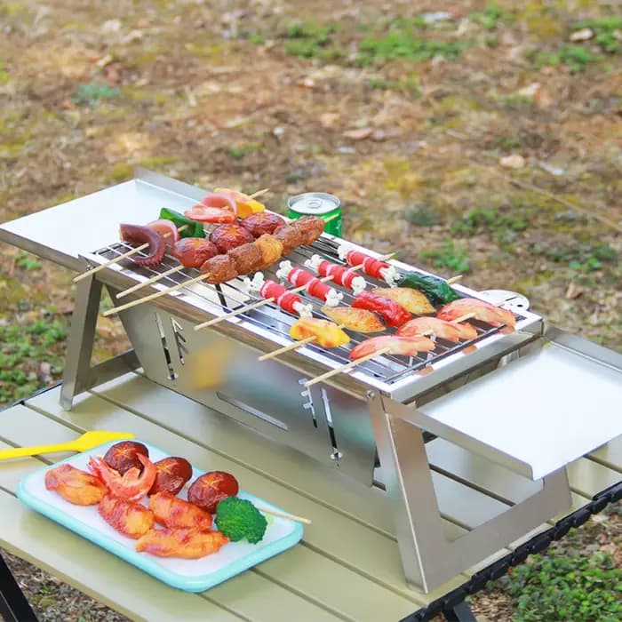 Réchaud de barbecue pliable en acier inoxydable portable Réglage de la chaleur réglable Grille extensible Étagère