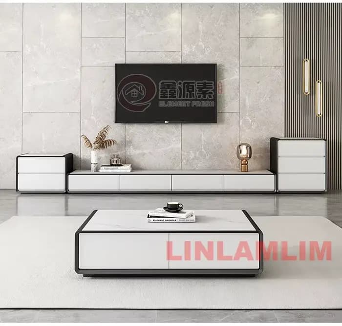 Table basse et meuble TV avec armoires de rangement, ensemble de meubles de salon blancs modernes, ensemble de centre de divertissement contemporain