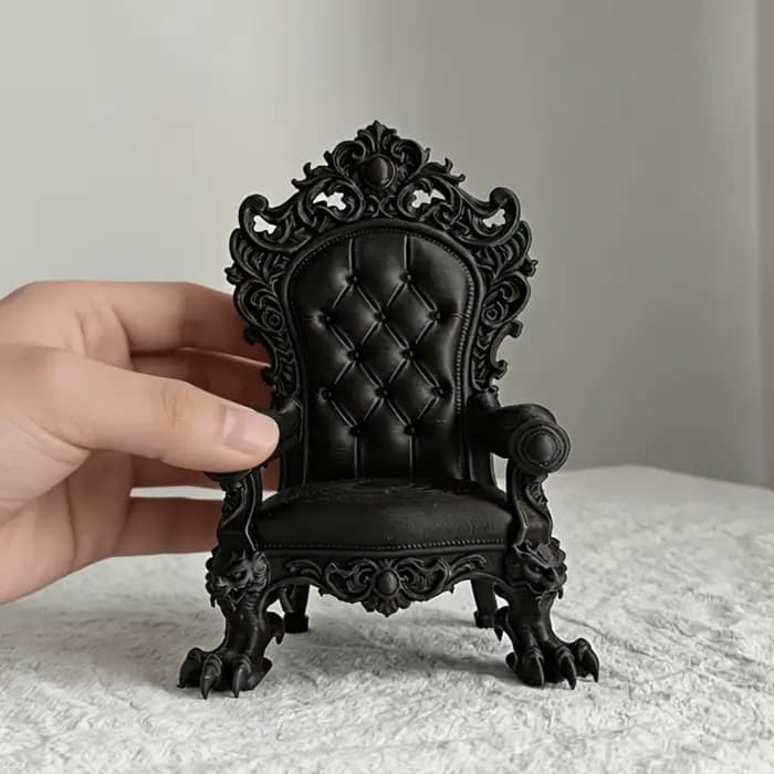 Mini chaise de présentation de style trône gothique imprimée en 3D, vintage, avec figurine sculptée en relief, pieds à griffes et dossier imitation coussin