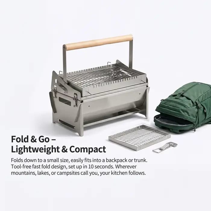360 ° Barbecue au charbon de bois portable, pliable et rotatif en acier inoxydable avec grille amovible pour le camping en plein air, la plage et la cuisine