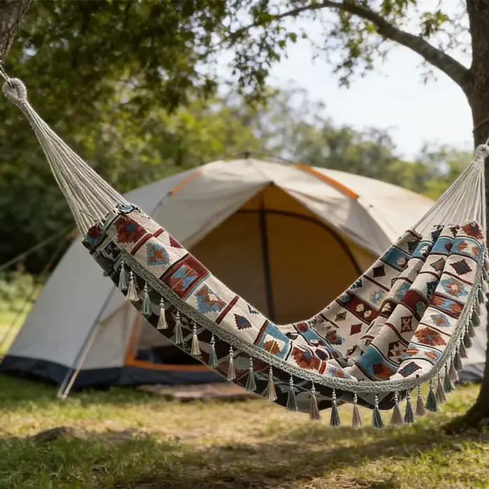 Hamac double de style ethnique bohème pour l'extérieur avec sac de rangement et cordes de fixation.