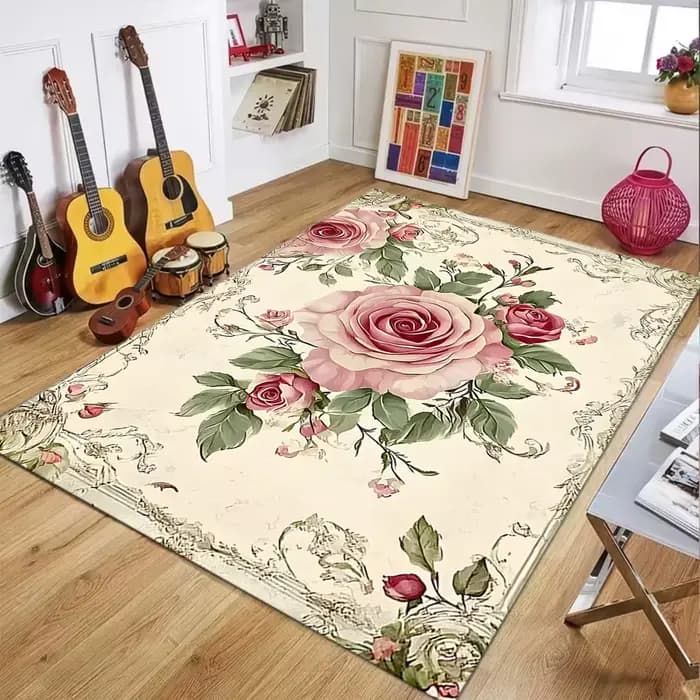 Tapis floral vintage, motif rose, tapis de sol antidérapant, décoration d'intérieur pour salon, chambre à coucher