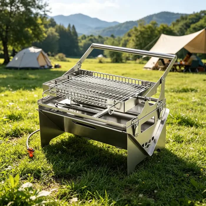 Barbecue à gaz portable, 360 ° Barbecue rotatif au charbon de bois, barbecue de camping en acier inoxydable avec sac de transport