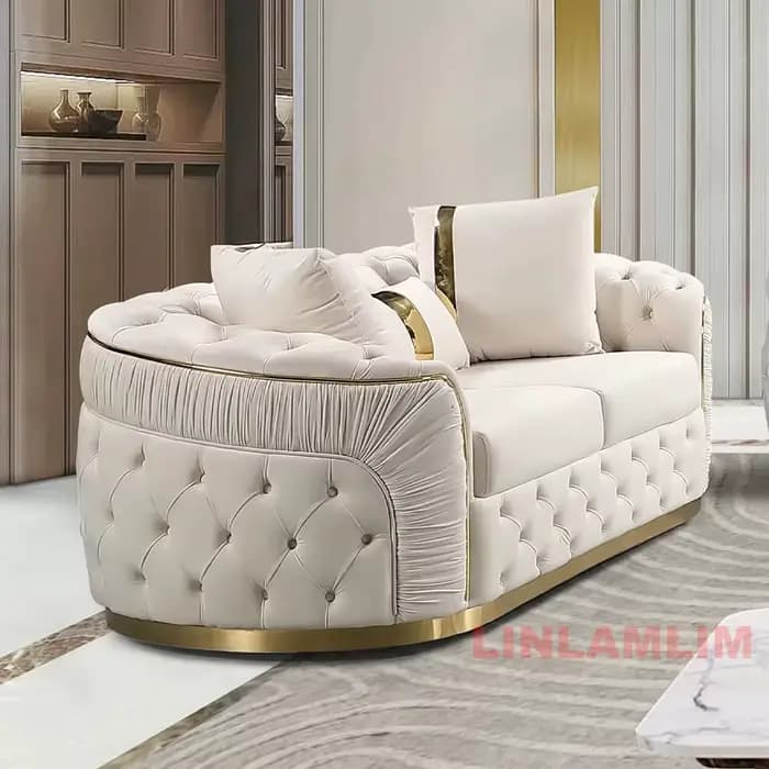 Ensemble de canapés modulaires Chesterfield MANBAS 3+2+2 places avec boutons en tissu et base en acier inoxydable doré