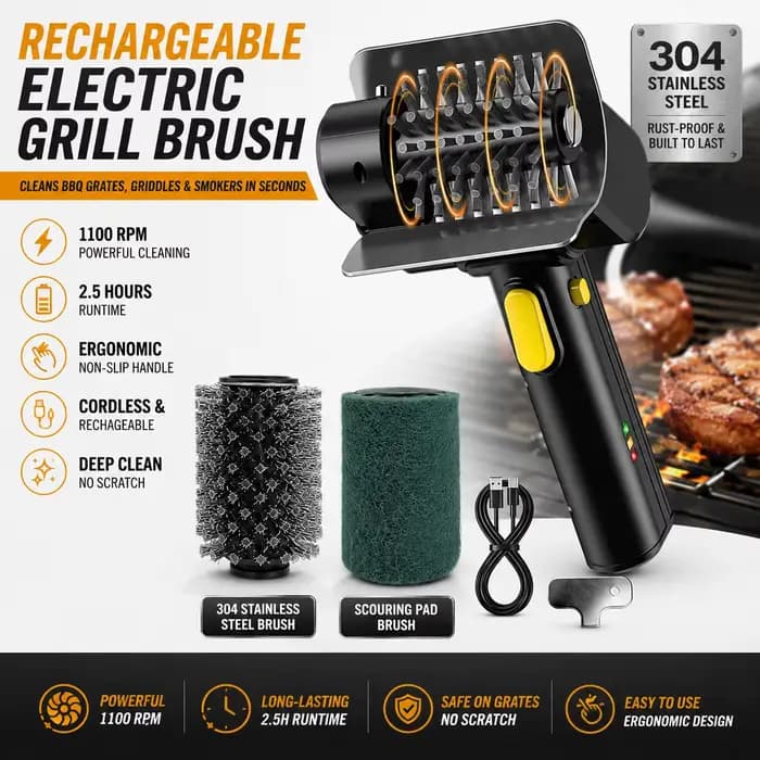 Brosse de nettoyage électrique rechargeable pour barbecue 1100 tr/min