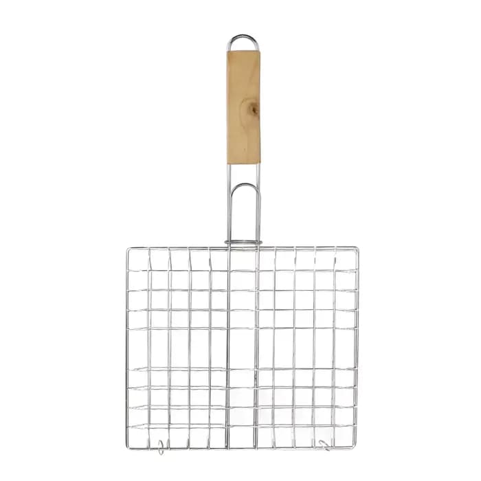 Tapis de barbecue pliable avec poignée en bois, panier de cuisson réutilisable en acier inoxydable, support de pince à viande et poisson