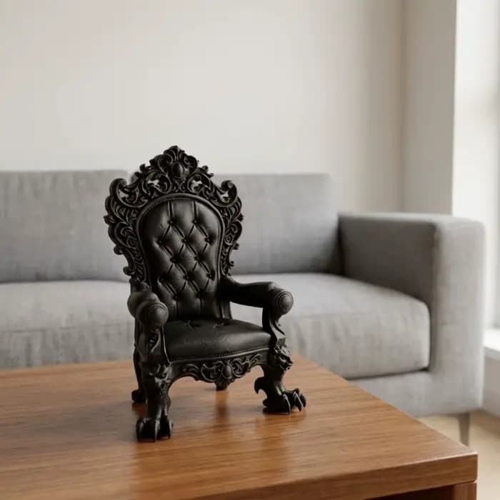 Mini chaise de présentation de style trône gothique imprimée en 3D, vintage, avec figurine sculptée en relief, pieds à griffes et dossier imitation coussin