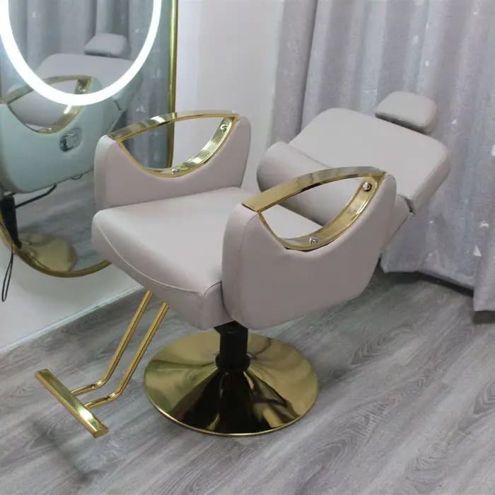 Ensemble de mobilier de salon de luxe en cuir PU et acier couleur or pour fauteuil de coiffeur et poste de miroir