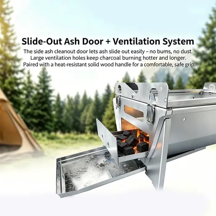 360 ° Barbecue au charbon de bois portable, pliable et rotatif en acier inoxydable avec grille amovible pour le camping en plein air, la plage et la cuisine