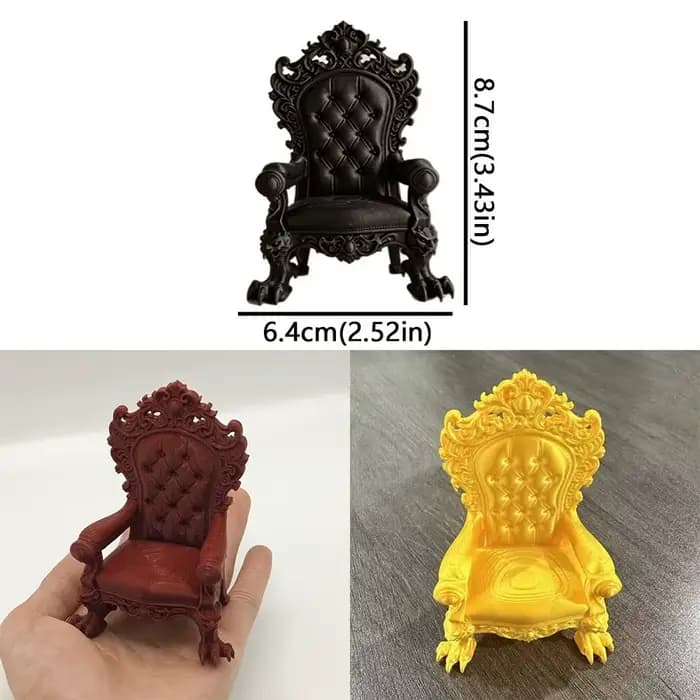 Mini chaise de présentation de style trône gothique imprimée en 3D, vintage, avec figurine sculptée en relief, pieds à griffes et dossier imitation coussin