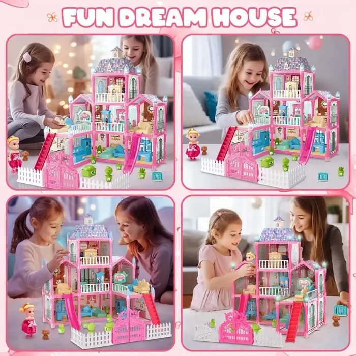 Maison de poupée lumineuse, maison de rêve pour filles, ensemble de maison de jeu de princesse avec accessoires de meubles de poupées, cadeaux d'anniversaire de jeu de simulation