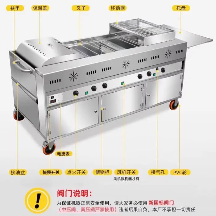 Barbecue commercial en acier inoxydable avec plusieurs grilles pour griller les brochettes et les ailes de poulet