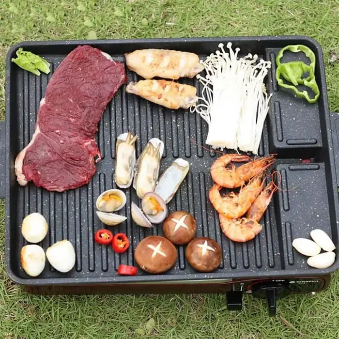 Plaque de cuisson BBQ portable 32 x 26 cm avec revêtement antiadhésif pour réchaud à gaz butane