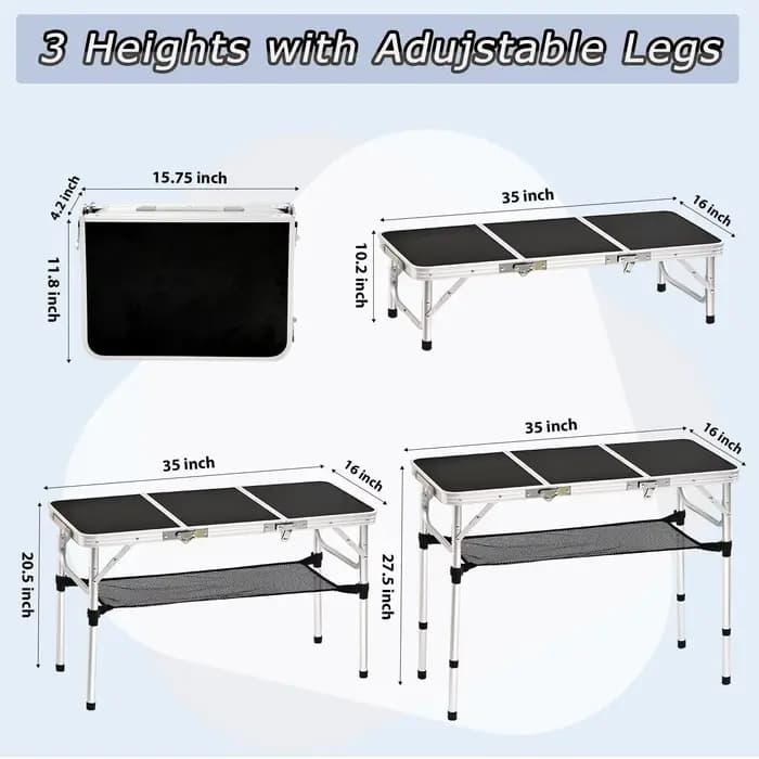 Table de camping pliante avec filet de rangement, table pliante en aluminium de 3 pieds avec 3 haute