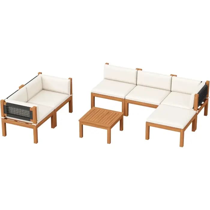 Canapé de Patio en bois d'acacia 7 pièces, siège d'entraîneur sectionnel extérieur et causeuse avec