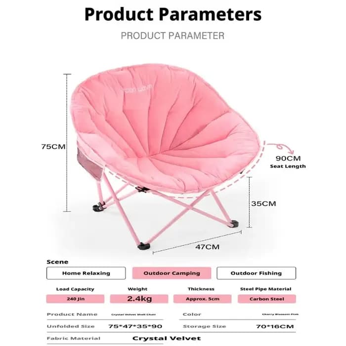 Chaise pliante d'extérieur Shell Chair, design élégant, coussin épais en velours cristal doux, portable pour le camping.