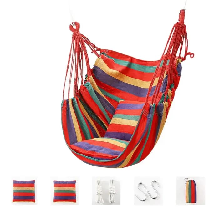 Fauteuil hamac confortable pour dortoir, chaise suspendue de jardin à rayures colorées et épaisses avec sac de rangement, siège de balançoire de jardin en corde de coton