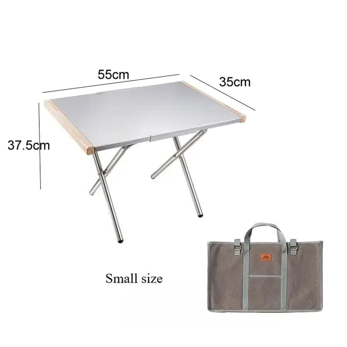 Table de camping extérieure portable avec sac de rangement, acier inoxydable, côté bois, barbecue et