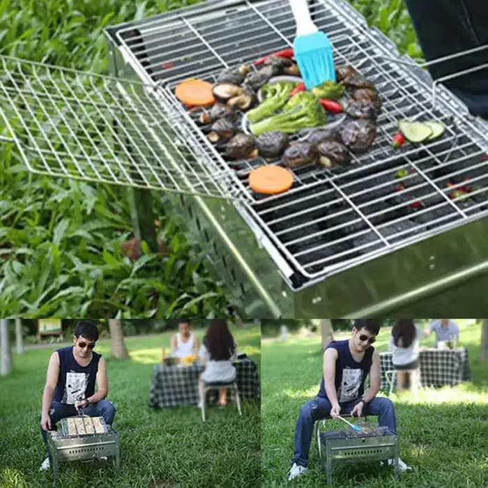 Panier de cuisson pour barbecue, filet de grillade pour viande, poisson et légumes, en maille d'acier argentée avec pince