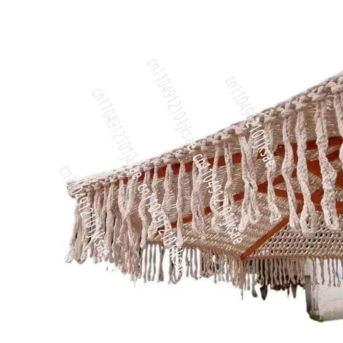 Parasol de luxe de style bohème, droit, à commande manuelle, en polyester, pour patio et plage, avec franges en macramé, design européen