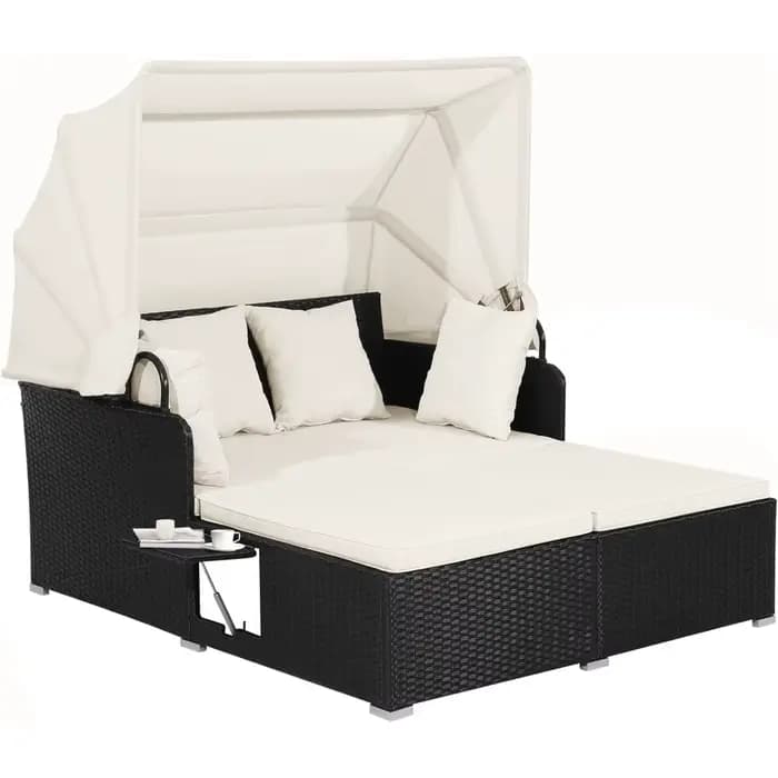 Lit de repos en rotin pour patio, chaise longue en osier Patiojoy avec auvent rétractable, 2 panneau