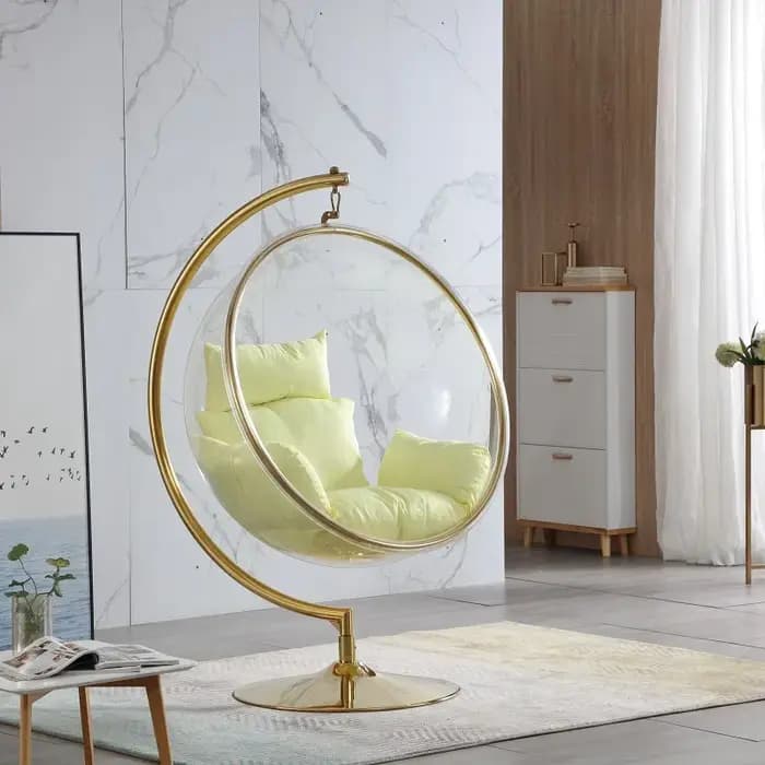 Fauteuil suspendu en forme de bulle, fauteuil œuf, meuble design pour salon, balcon et décoration glamour contemporaine