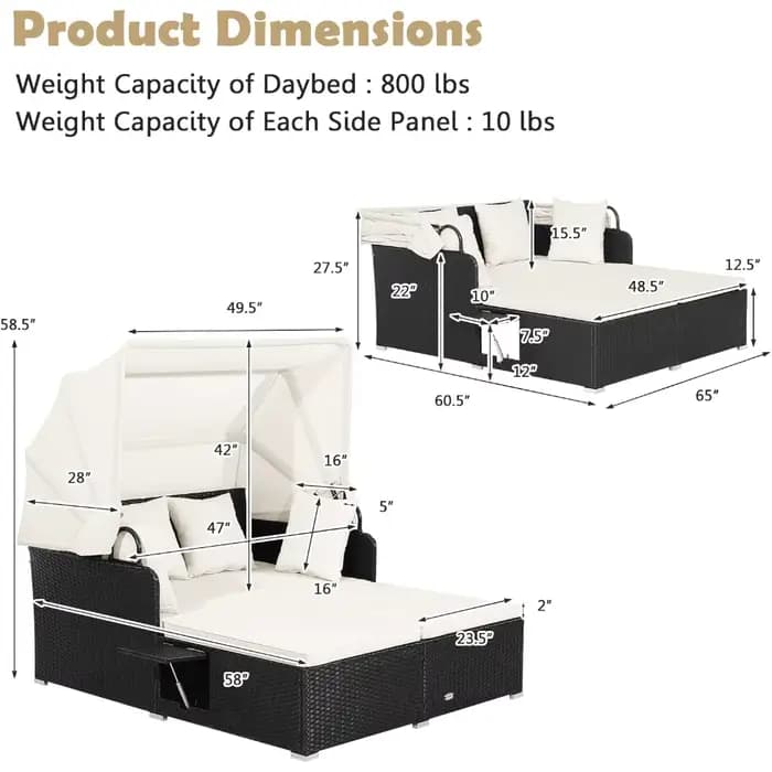 Lit de repos en rotin pour patio, chaise longue en osier Patiojoy avec auvent rétractable, 2 panneau