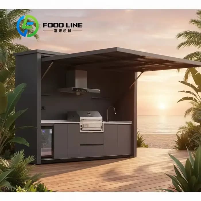 Abri de cuisine extérieur en aluminium en forme de L personnalisé avec comptoir de bar sur le toit