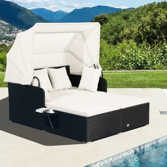 Lit de repos en rotin pour patio, chaise longue en osier Patiojoy avec auvent rétractable, 2 panneau